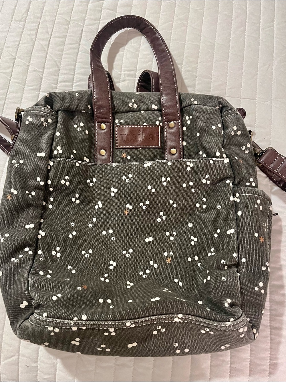 Maika Recycled Canvas Tote - Charcoal White Dot/Berry Print | EUC